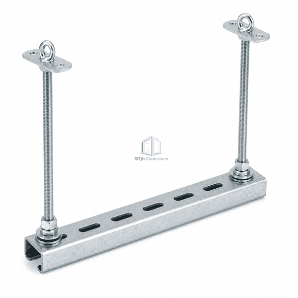 Reverse elevated view of duct hanger threaded rod and channel connections