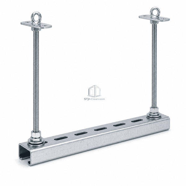 Side view showing the open C-channel and rod washer stacks of a duct hanger