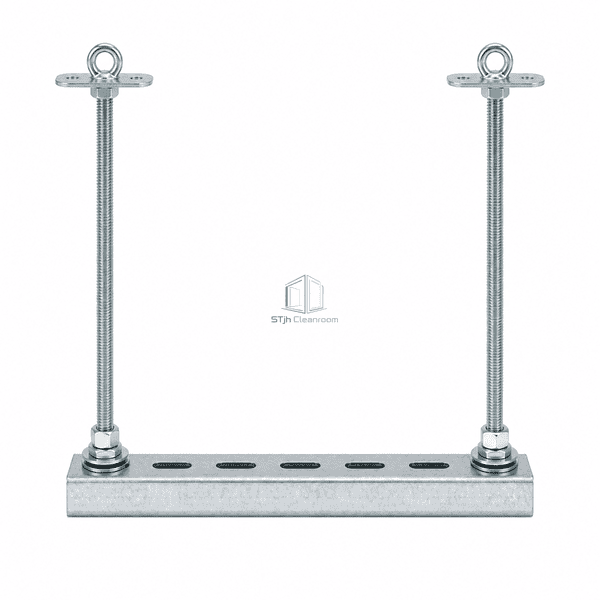 Front elevation of a duct hanger with twin threaded rods and slotted channel
