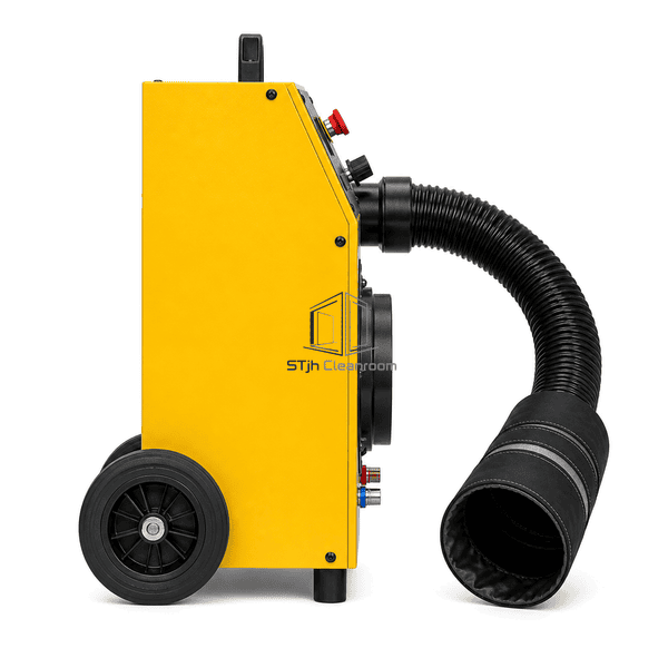 Duct leakage tester side view with hose storage