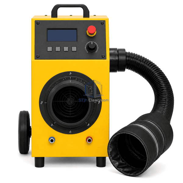 Duct leakage tester front view showing controller and blower