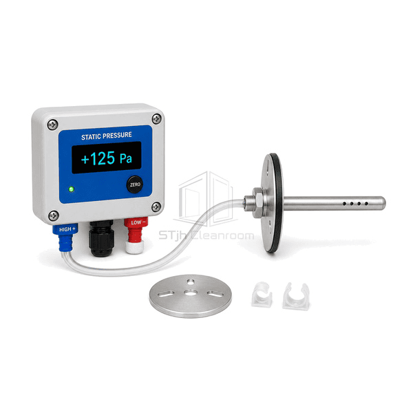 Horizontal layout of stainless static probe, tubing and external transmitter