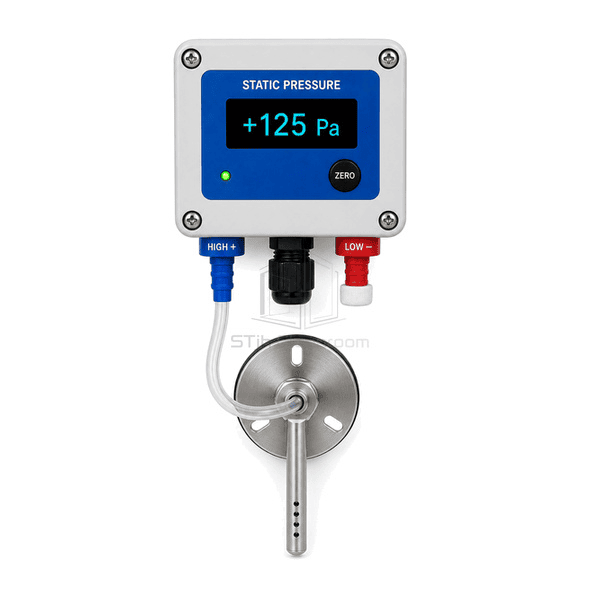 Front view of duct static pressure transmitter with blue range label