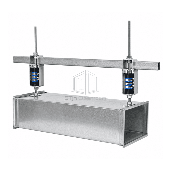 Complete duct trapeze support using paired spring vibration isolator hangers