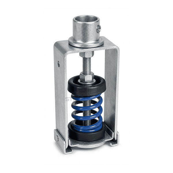 Close view of threaded rod neoprene collar spring seat and zinc-plated bracket