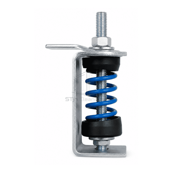 Side view showing spring compression neoprene cup and threaded suspension rod