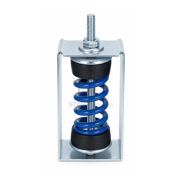 Front upright view of open steel hanger housing and color-coded coil spring
