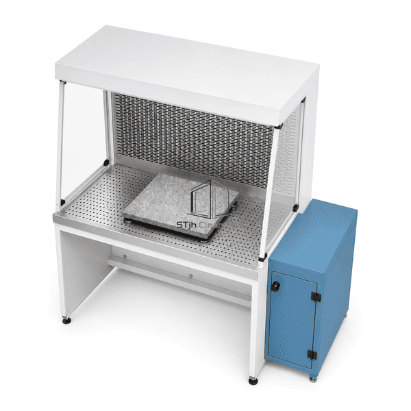 High-angle view of the raised-edge work tray and side screens