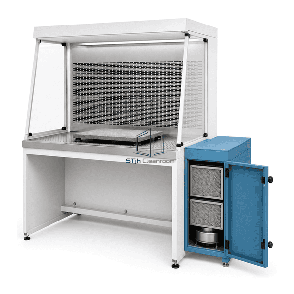 Side cutaway showing the filter cabinet and distributed capture plenum