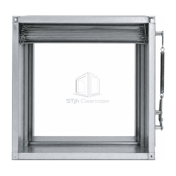 Front opening view of a dynamic fire damper with folded blade stack