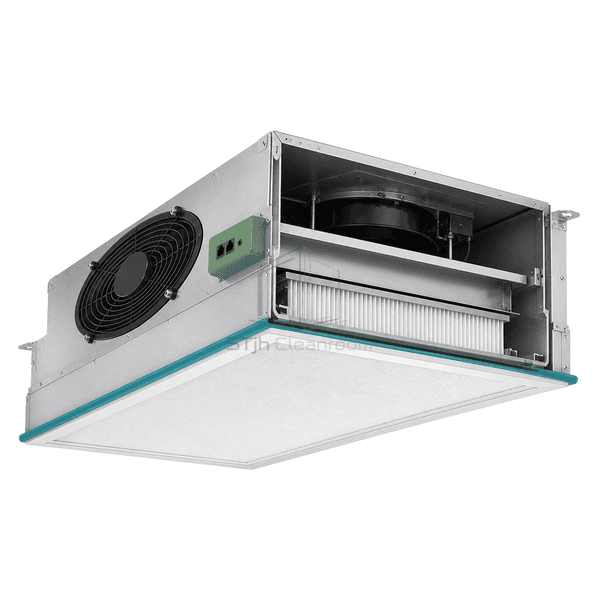 Open side view of the EC fan filter unit showing impeller, plenum and mini-pleat filter