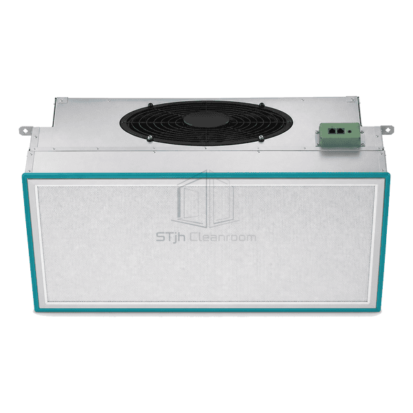 Upright front view of the EC FFU diffuser, teal gasket and low-profile fan