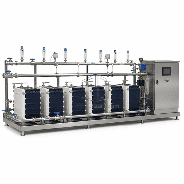 Horizontal EDI water purification skid with concentrate manifold