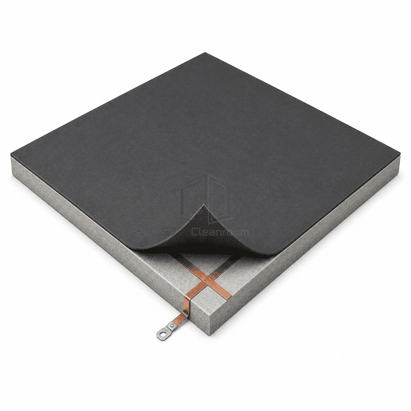 Folded conductive PVC sheet showing a cross-laid copper grounding grid and lug