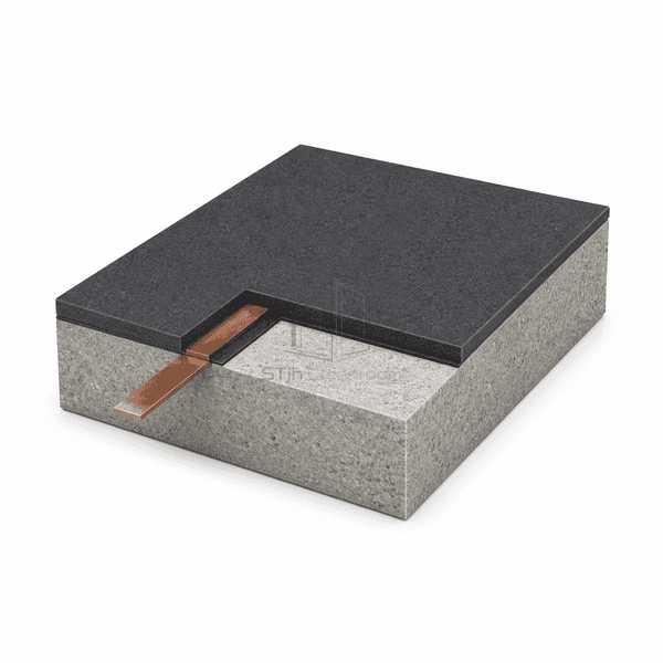 Layered cutaway of conductive PVC flooring, adhesive, copper strip and concrete