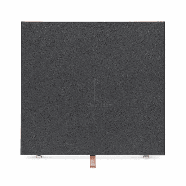 Front view of a dark conductive PVC flooring sample with copper tab