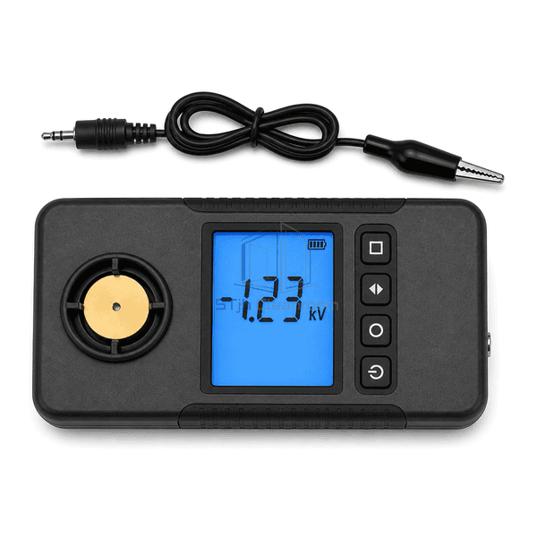 Horizontal electrostatic field meter with guarded sensor display keypad and grounding cable