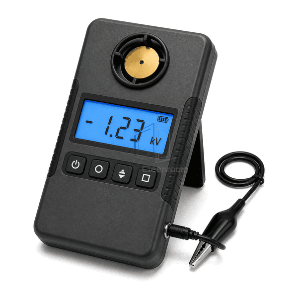 Elevated view of electrostatic field meter sensor ground interface and alligator clip
