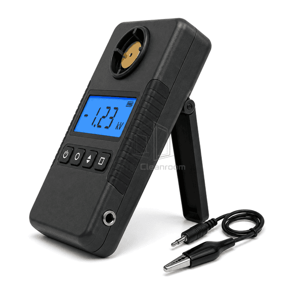 Side profile of electrostatic field meter showing rubber grip ground socket and kickstand