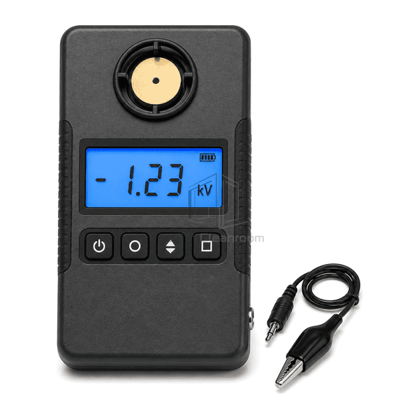 Front view of digital electrostatic field meter with four control buttons and clip lead