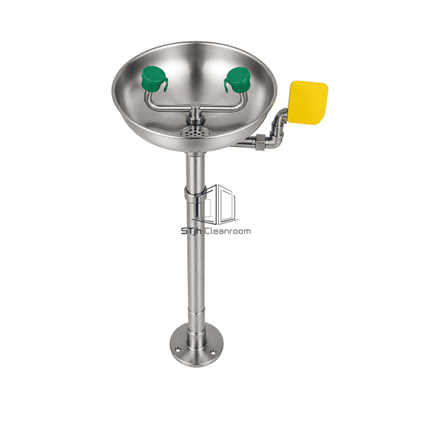 Complete horizontal presentation of the eyewash bowl, nozzle assembly and drain connection