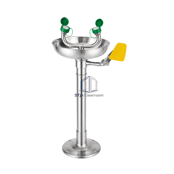 Complete rear interface view of the emergency eyewash with inlet, strainer and stay-open valve connections