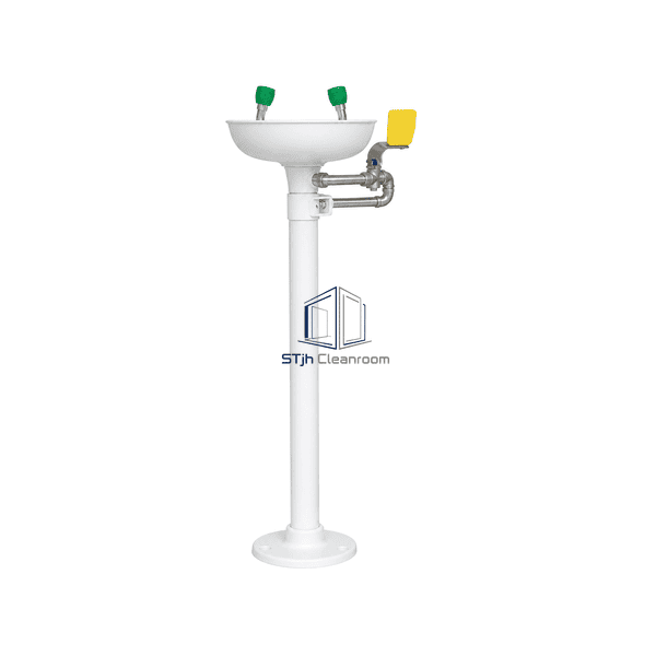 Side view of the plumbed eyewash station showing receptor depth, valve and pedestal pipe