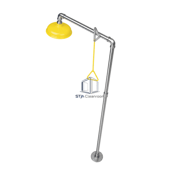 Complete horizontal presentation of the emergency shower head, valve and mounting assembly