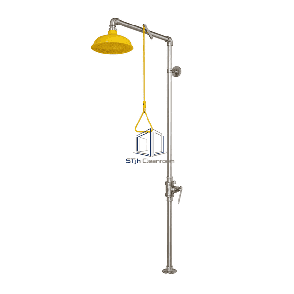 Complete valve interface view of the safety shower showing supply union and pull linkage