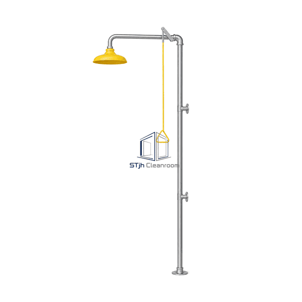 Full-height side view of the safety shower showing riser, valve and shower head