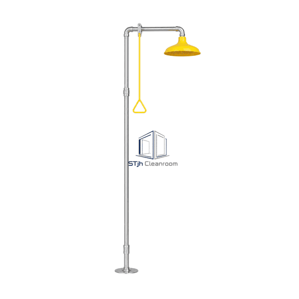 Full-height front view of the emergency drench shower and stay-open pull control