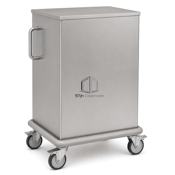 Enclosed cleanroom material cart in complete rear three-quarter view
