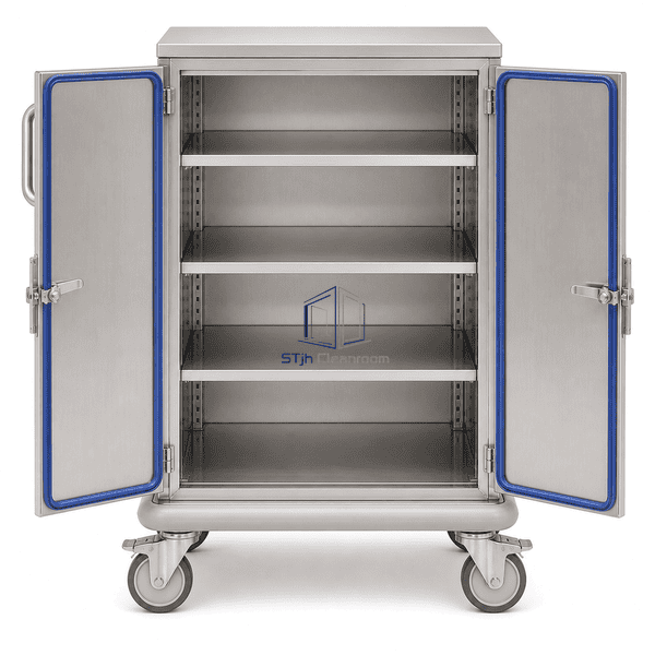 Open enclosed transfer cart showing blue door gaskets and adjustable shelves