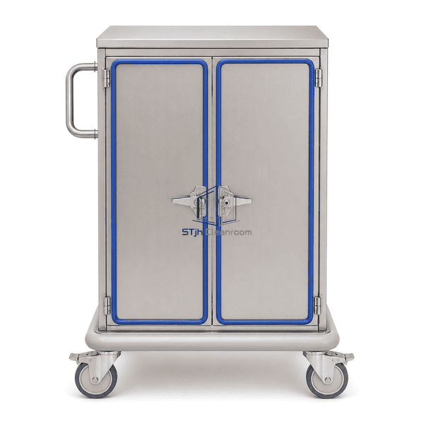 Enclosed material transfer cart with closed double doors from the front