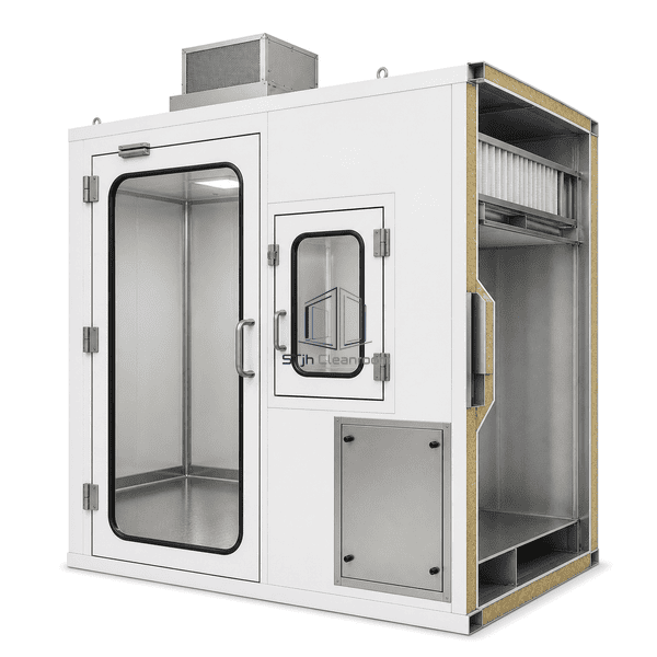 Side cutaway showing the negative-pressure room and staged filter path
