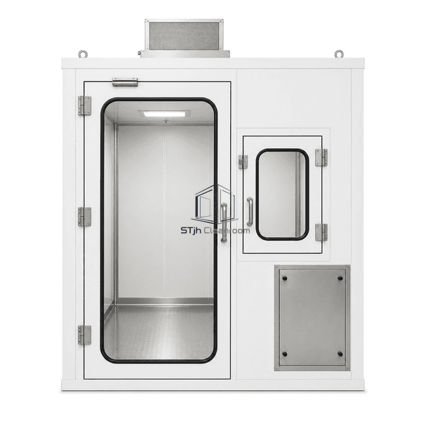 Front view of the sealed booth door and external pressure display
