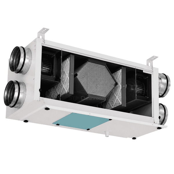 Open energy recovery ventilator showing cross-flow enthalpy core filters and twin fans