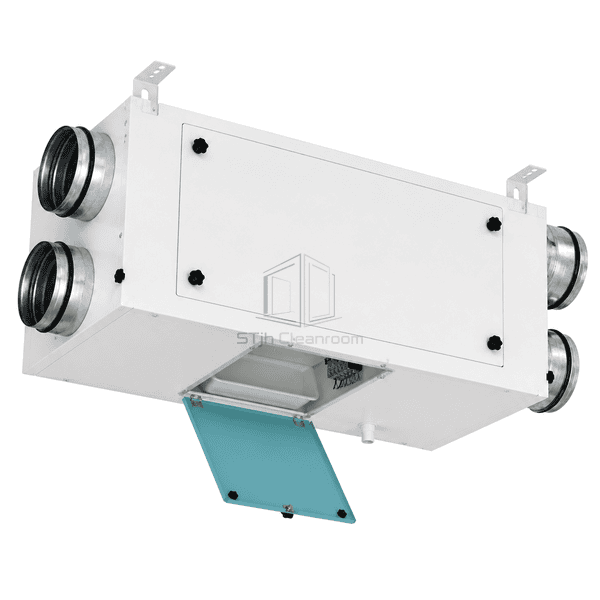 Open underside service interface and near-side duct spigots of ceiling-mounted ERV