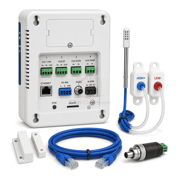 Rear three-quarter view of the entire data logger with numbered probe inputs, Ethernet jack and locking DC power connector clearly exposed