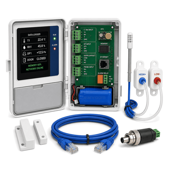 Side view showing logger enclosure, battery compartment and Ethernet port