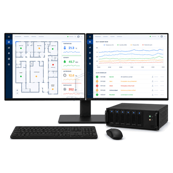 Wide view of multi-screen cleanroom software dashboard with server and client devices