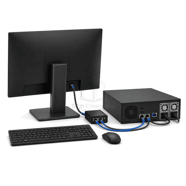 Rear three-quarter view of the entire software workstation and server appliance with dual network paths and secure client connection clearly exposed
