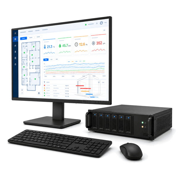 Side view of monitoring workstation and server appliance running environmental software