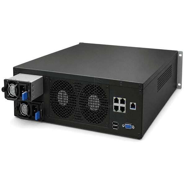 Rear three-quarter view of the entire monitoring server with hot-swap power modules, dual network ports and management interface clearly exposed