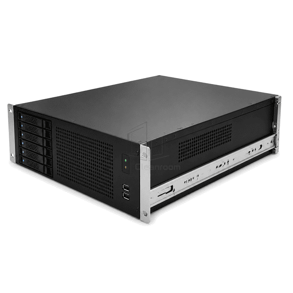 Side view showing full server chassis, cooling path and rack rails