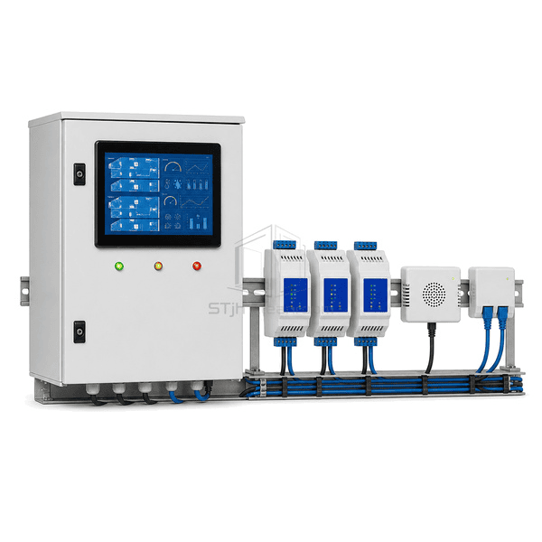 Horizontal arrangement of monitoring panel, room sensors and data logger nodes