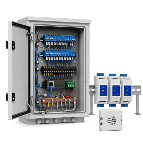 Rear three-quarter view of the entire monitoring panel with isolated analog inputs, digital contacts and Ethernet uplink clearly exposed