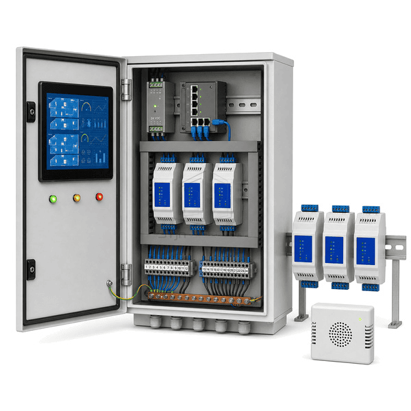 Open side view showing logger inputs, isolated signal modules and network equipment