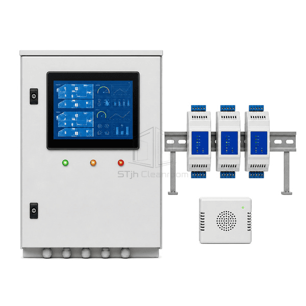 Front view of the environmental monitoring cabinet and alarm touchscreen