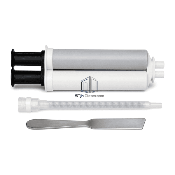 Complete horizontal epoxy repair compound dual cartridge with mixer and spatula